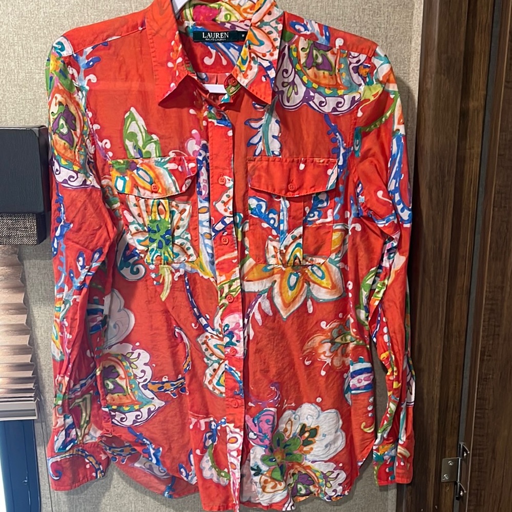 Ralph Lauren Silk-Cotton Shirt | M | Bold Abstract Floral Print